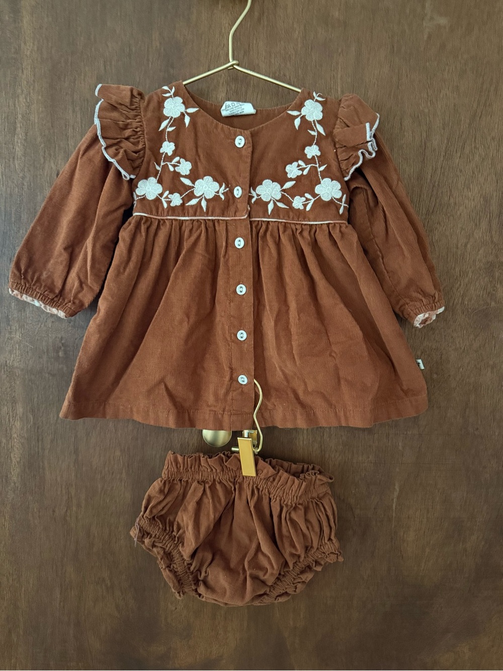 Girls' Rust Floral-Embroidered Cotton Dress with Bloomer